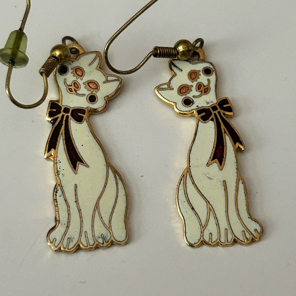 4/$100 cloisonné Charming Cat Earrings with Black Bow
